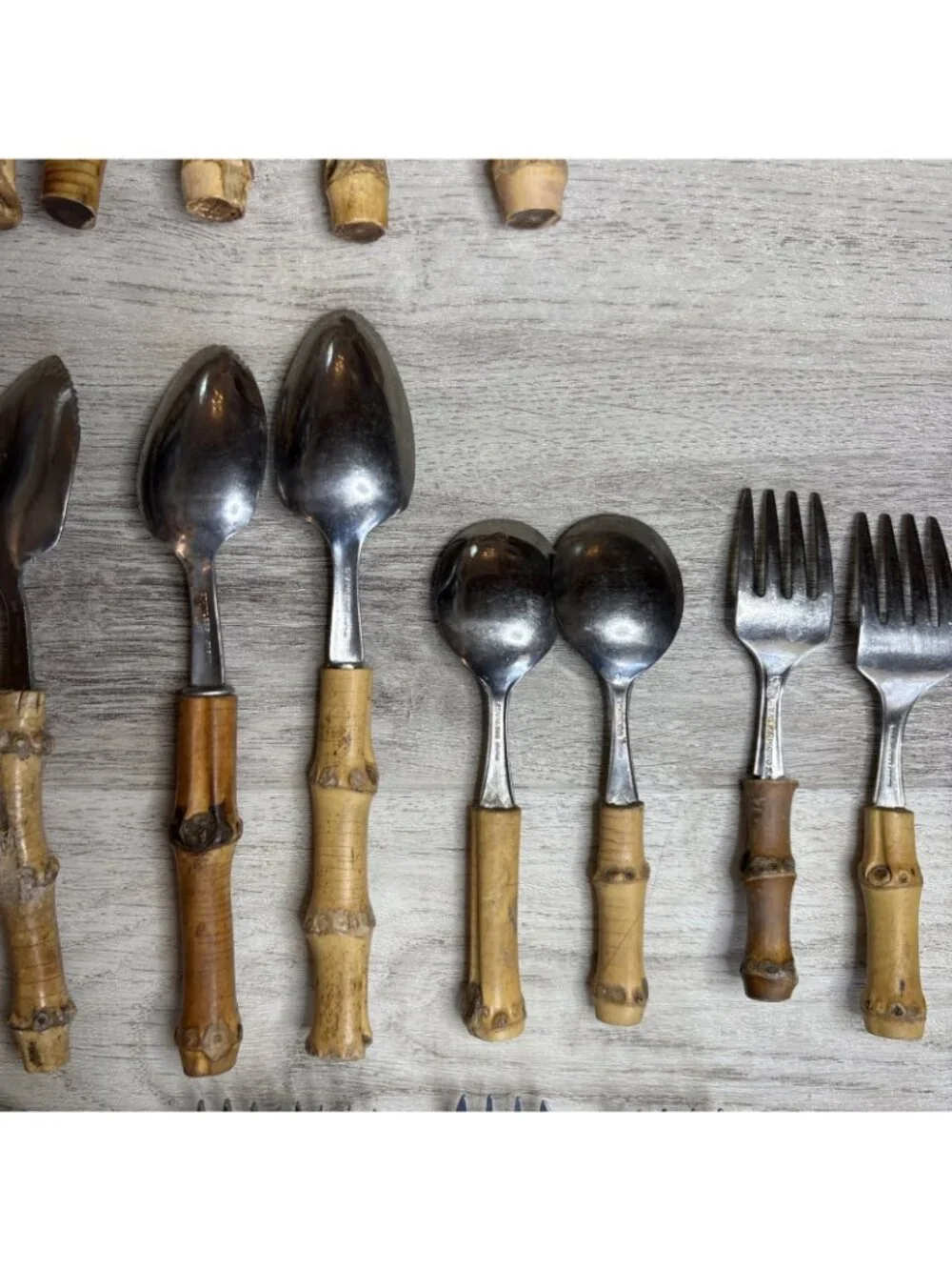Vtg 29pc Bamboo Handle Flatware Silverware and Serving Pieces Stainless Japan